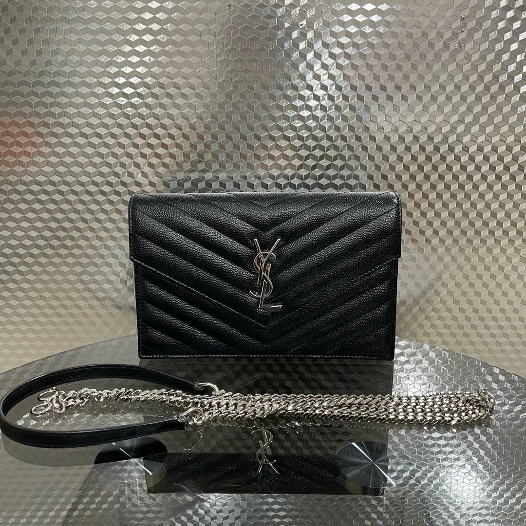 95新 YSL/圣罗兰 黑银鱼子酱信封包 US5111326