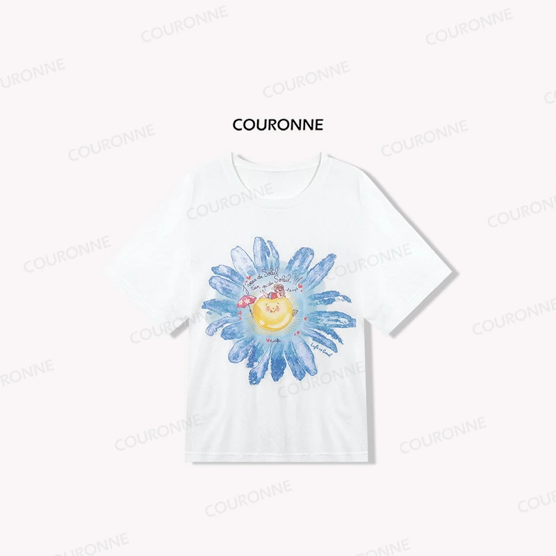 【向日葵】夏季新款艺术感正肩小版型宽松花朵短袖T恤上衣34402