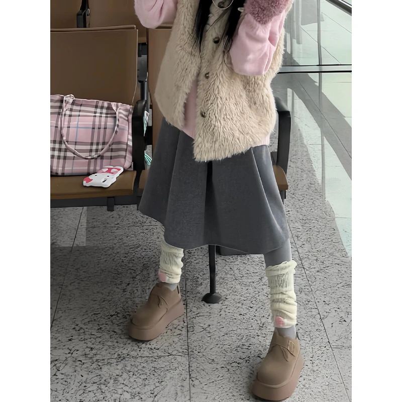 耶古少女风灰色呢子a字百褶裙女秋冬季高腰显瘦百搭中长款半身裙