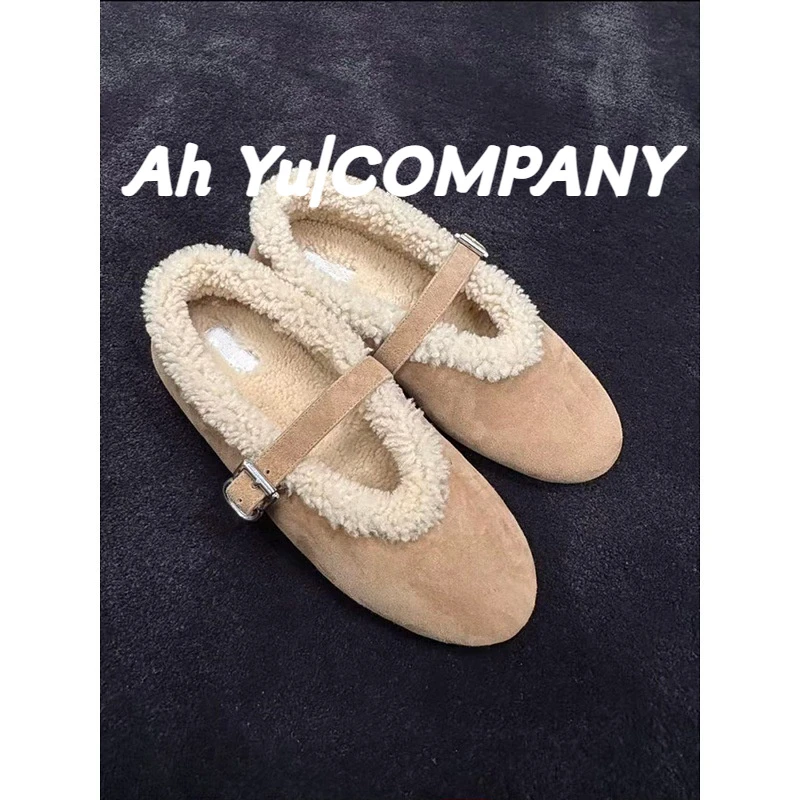 真皮版~保暖舒适加绒毛毛鞋女百搭毛绒芭蕾鞋皮带扣加厚保暖棉鞋
