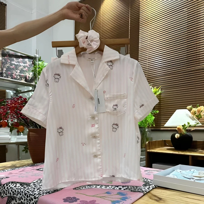 时梦也【可爱粉色Kitty】短袖短裤可爱条纹家居服休闲夏季薄款宽松