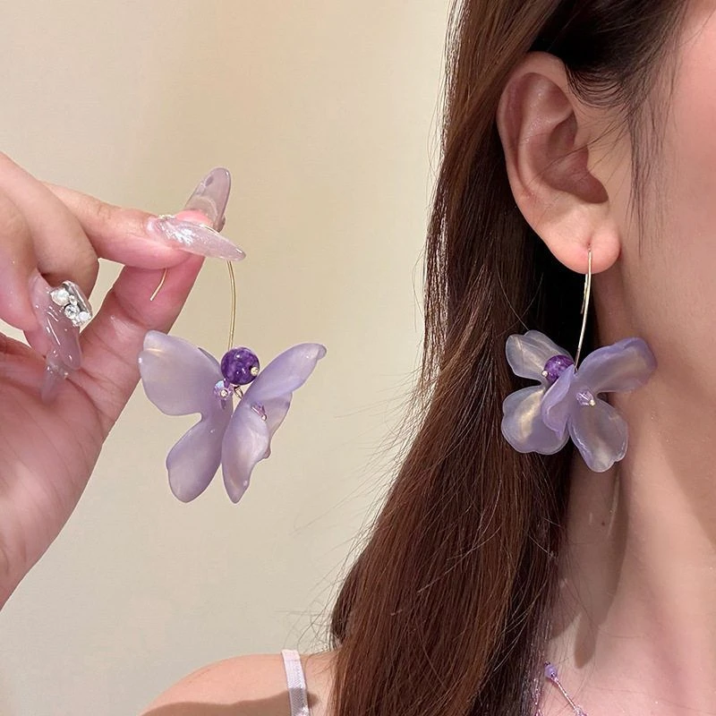 合金亚克力耳饰 超仙紫色花朵流苏耳环女独特海边度假绝美耳饰