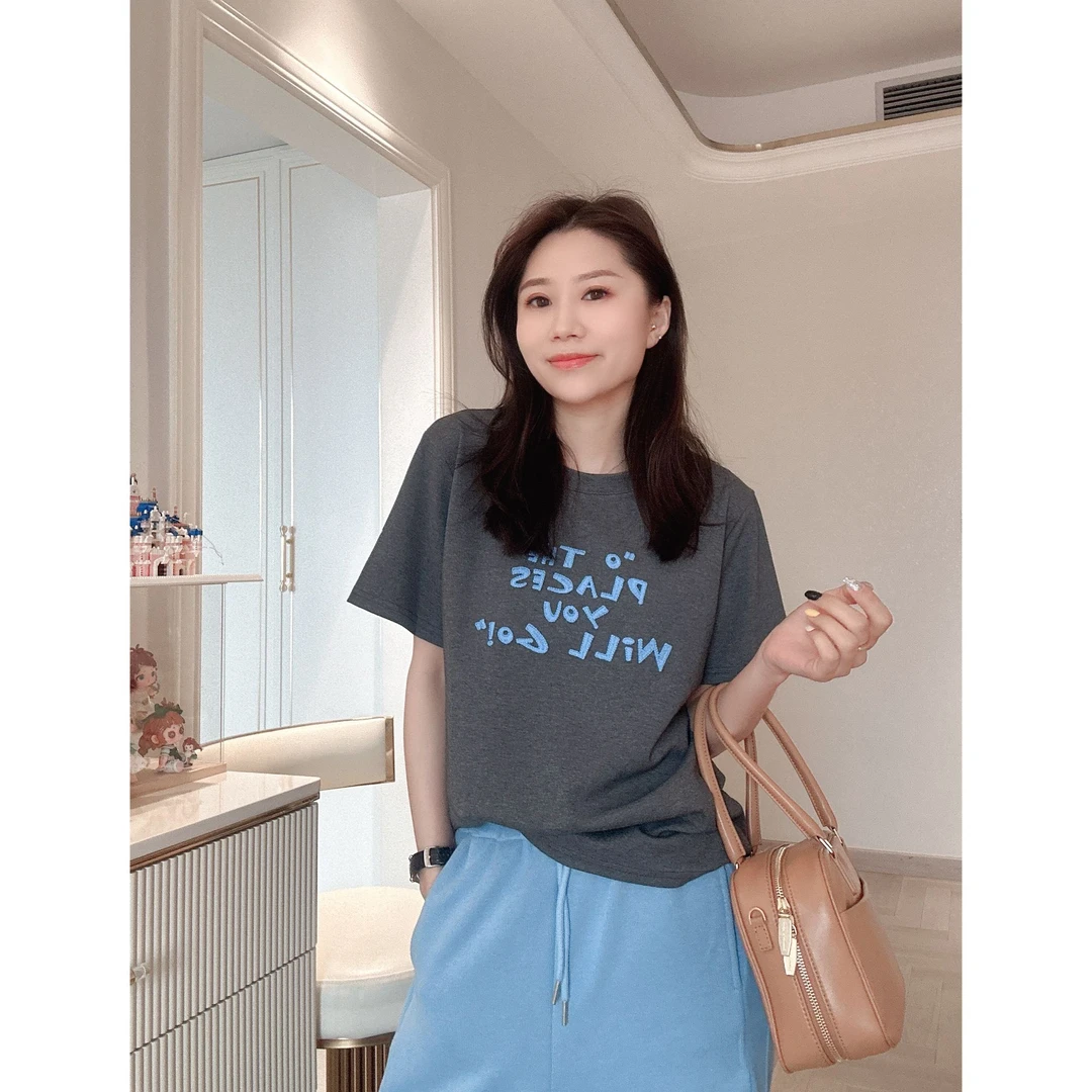 【91009】中板型-夏季高弹力罗纹刺绣洗水显瘦百搭女装圆领短袖t恤