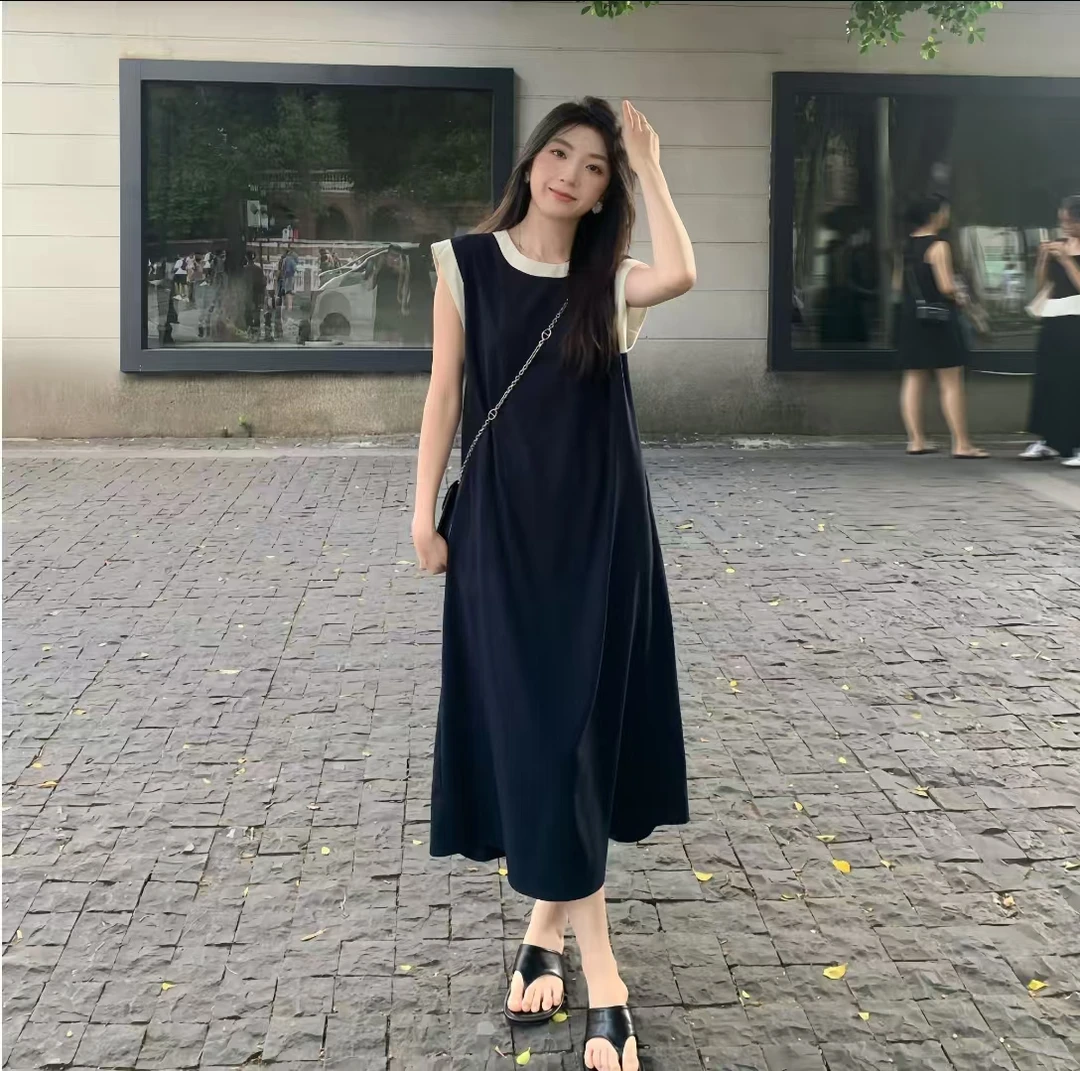 2025夏季时尚新款无袖背心连衣裙高级感圆领宽松梨形身材显瘦长裙