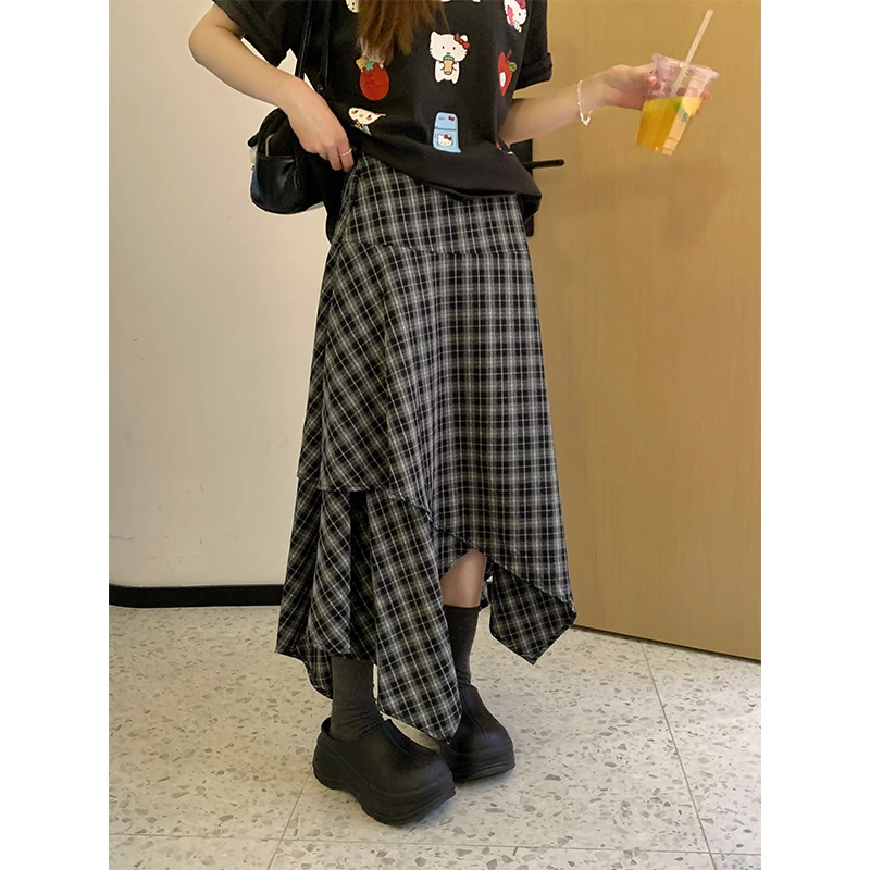 格纹蛋糕半身裙女夏季时尚高腰显瘦设计感不规则小个子a字中长裙