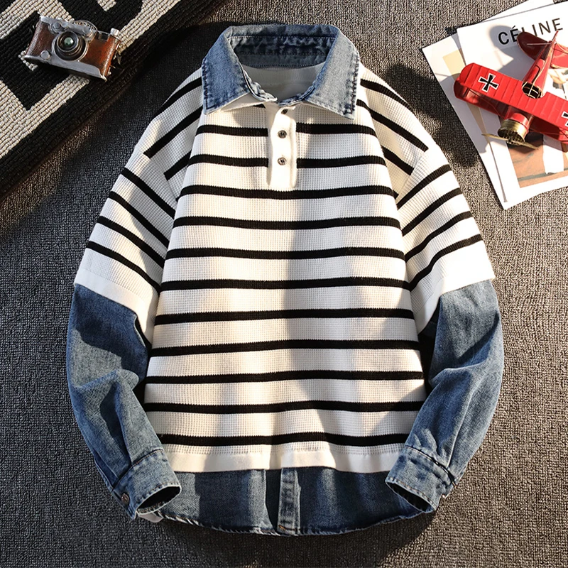 GS秋季新款假两件拼接毛衣男士潮流设计感针织条纹宽松翻领上衣男