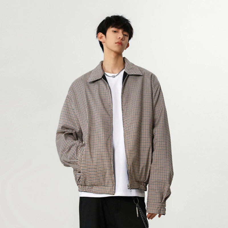 秋季老钱风千鸟格双面穿短款夹克男生潮流百搭宽松格子外套
