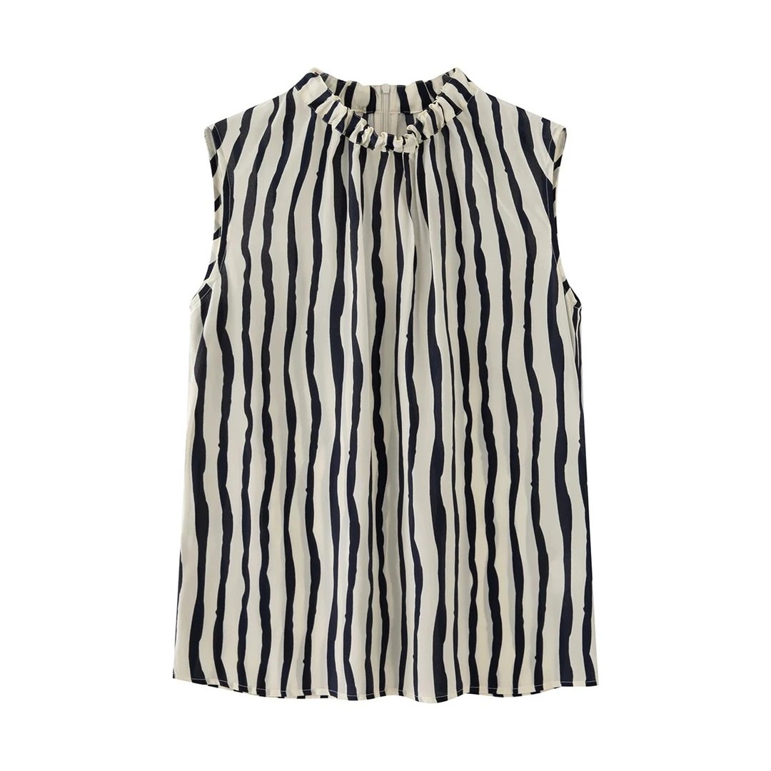 【商场同款】2025夏季新款时尚百搭立领无袖条纹衬衫上衣女5034