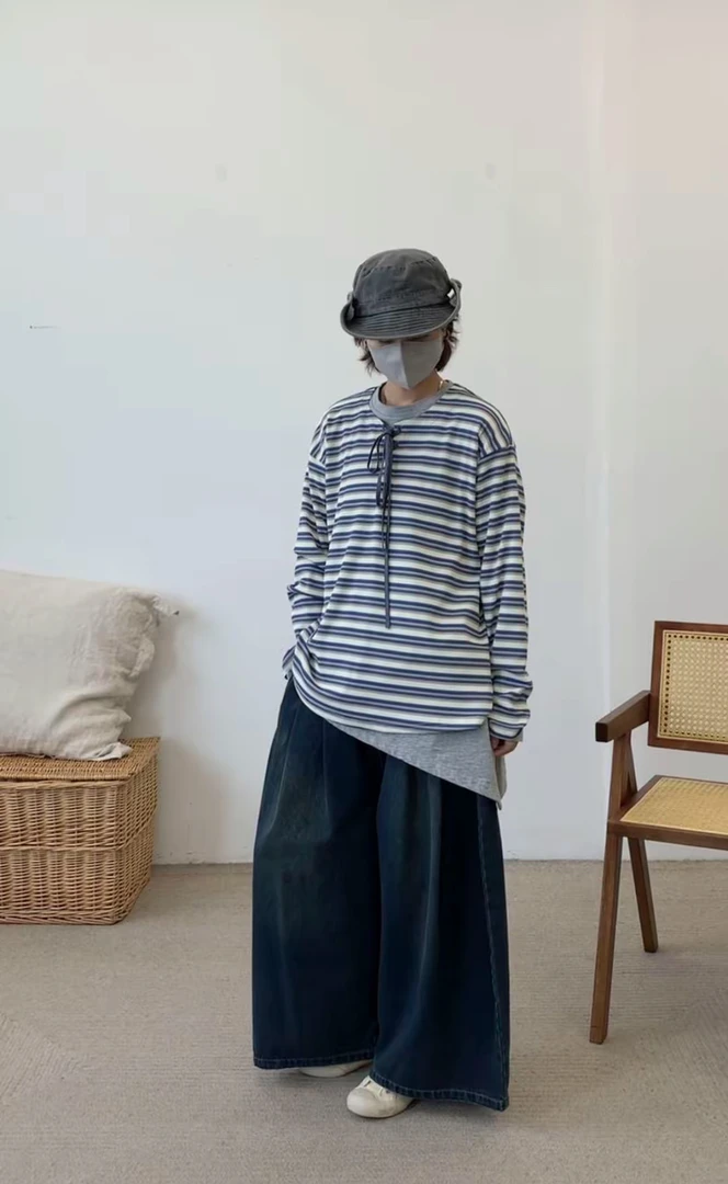 2025秋季新款韩版宽松休闲百搭条纹长袖T恤女设计感小众上衣几布