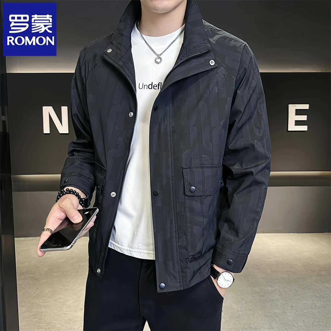 罗蒙新款暗花夹克工装春秋季商务休闲行政轻奢立领帅气休闲男外套