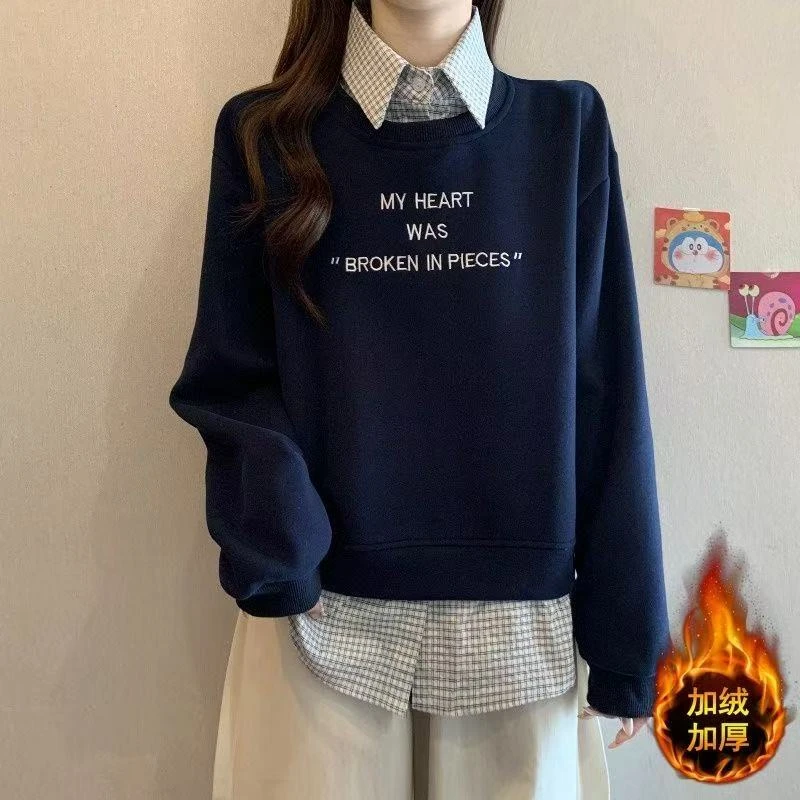 纯棉大码秋冬胖mm假两件polo领加绒卫衣宽松百搭印花长袖正肩上衣