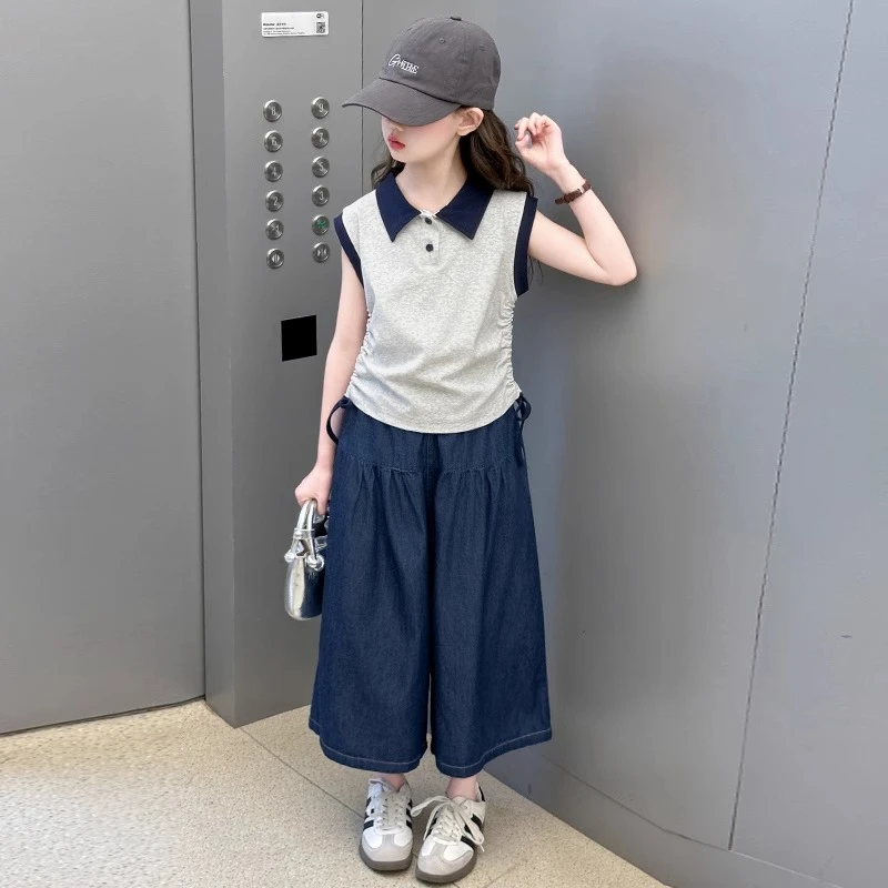 女童夏季POLO套装2025新款韩版中大童休闲洋气无袖七分裤两件套潮