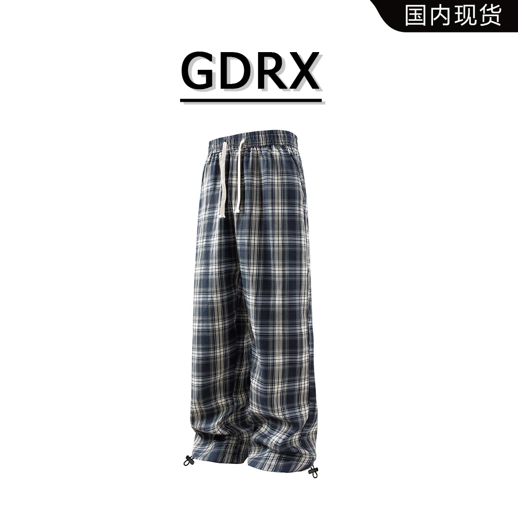 GDRX美式格子直筒休闲裤男2025夏季薄款抽绳宽松阔腿裤慵懒风男装