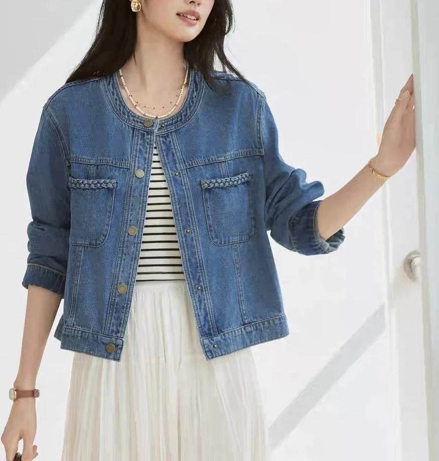 092402 伊～时尚无领小香风牛仔外套2025秋季短外套女