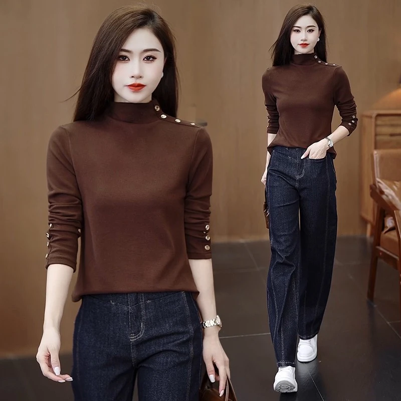 秋冬新款半高领修身显瘦T恤打底衫女洋派质百搭减龄加绒加厚上衣