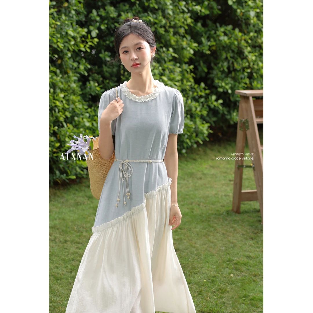 鹿向南「粉丝福利」薄荷蓝拼接小众短袖a字裙女L53810-002517