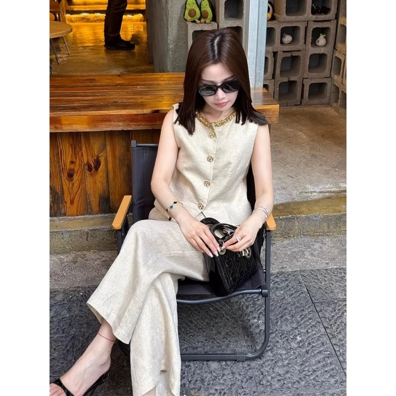 【两件套】老钱风套装女轻奢高级感夏季马甲背心阔腿裤两件套D3026