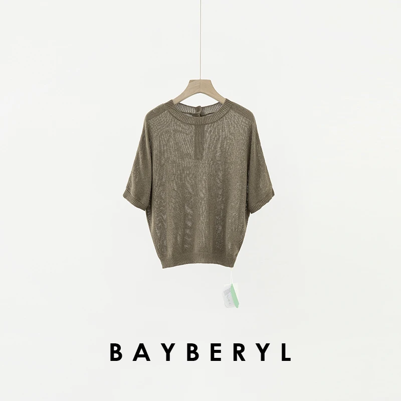 BAYBERYL老贝纸纱后纽扣干爽透圆领连肩短袖针织衫ZZS4E1801-4/13