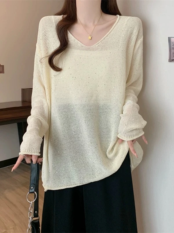 韩系亮片冰丝气质v领长袖针织衫2025春夏新款宽松慵懒风防晒上衣