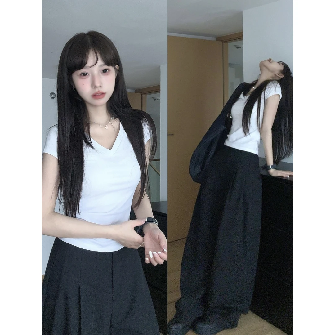 MARIE.COCO纯欲风白色v领鱼骨上衣高腰休闲工装阔腿裤韩版两件套