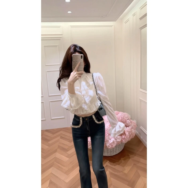 parkyeon秋季新款法式气质喇叭泡泡袖荷叶边雪纺衬衫微喇牛仔裤