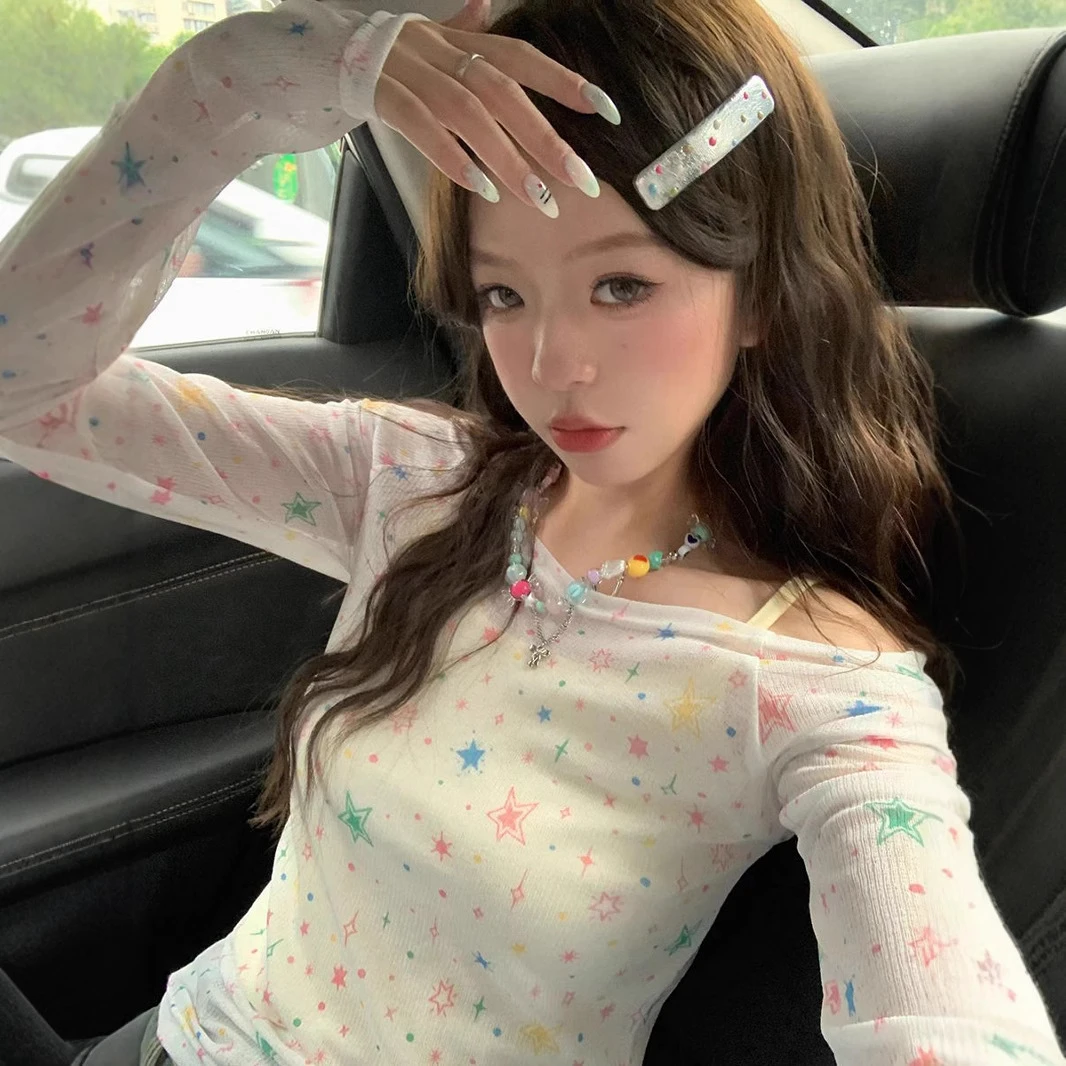 【自家工厂现货】辣妹一字肩长袖罩衫防晒T恤女修身显瘦休闲上衣
