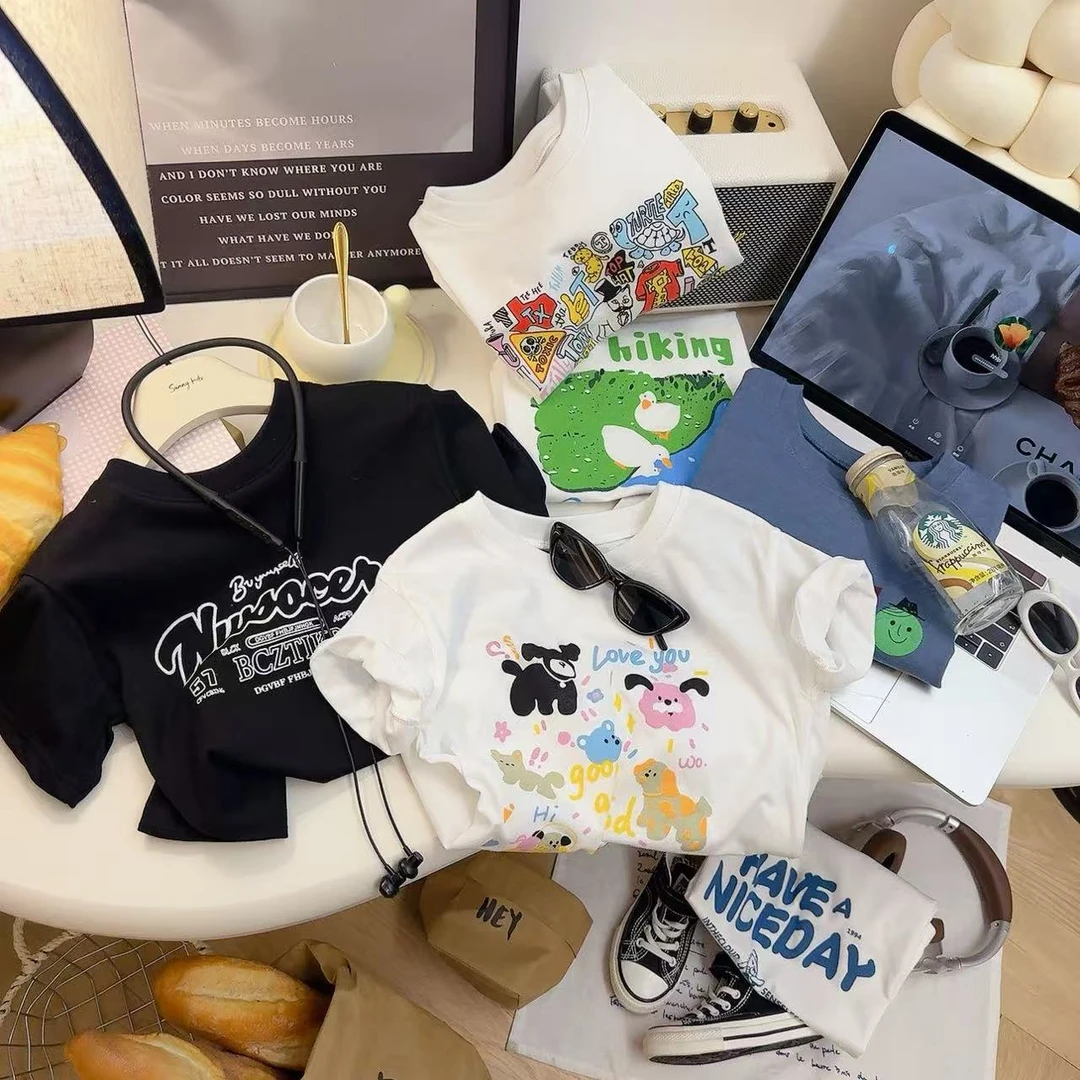 男女宝夏季新款圆领纯棉上衣男童印花半袖女时尚休闲衣服中大童