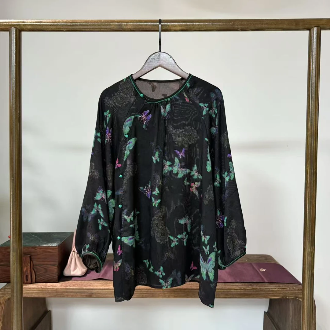 七彩灵蝶！桑蚕丝罗底混纺新中式上衣！GZ6570