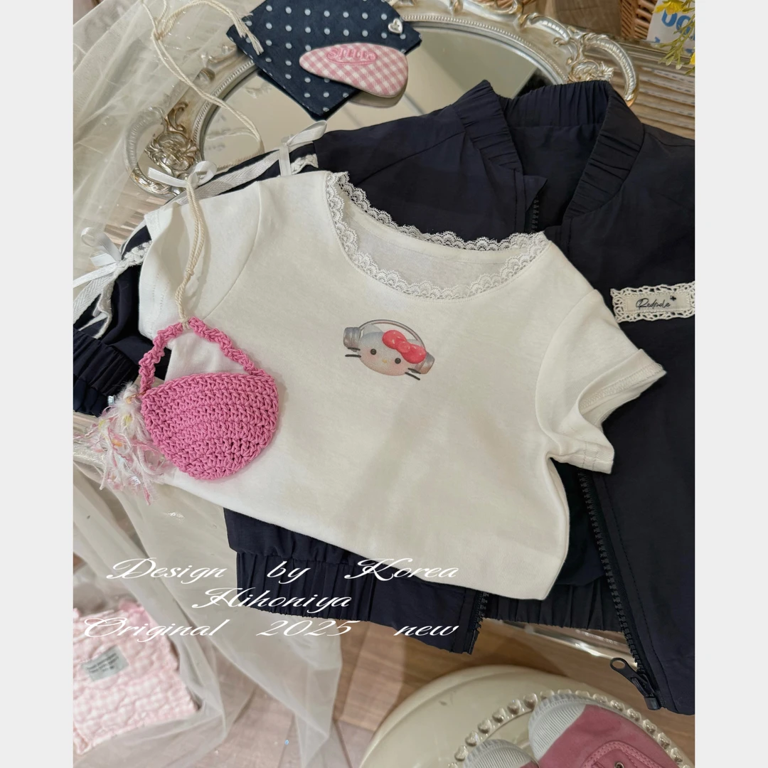 【可爱多】二Hihoniya~2025春季欧若风亲子Kitty印花甜美韩版短袖