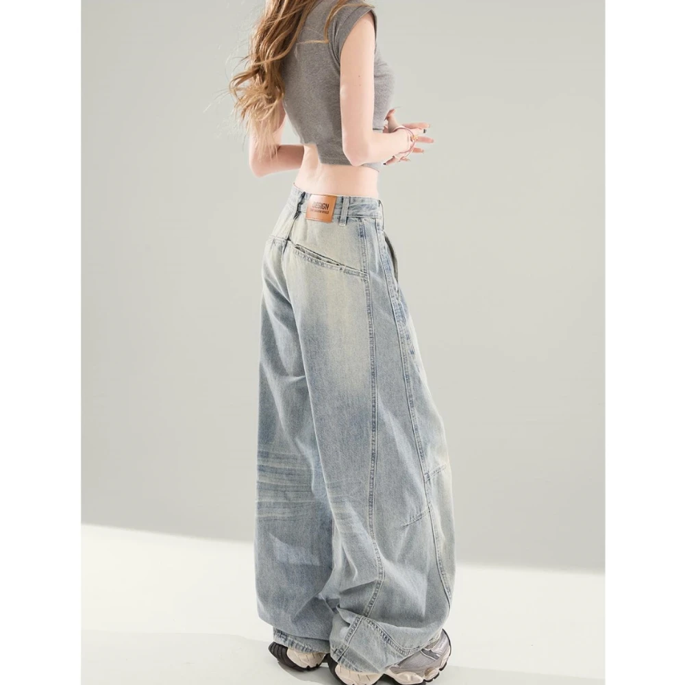 大码浅色复古水洗高腰阔腿裤2025夏季新款宽松显瘦垂感弯刀牛仔裤