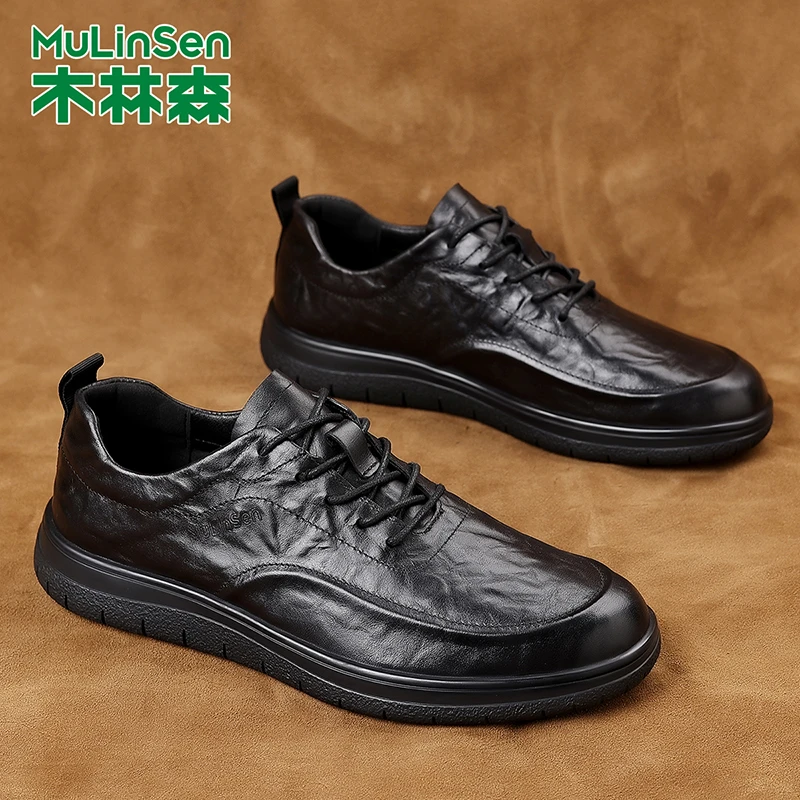 木林森头层牛皮鞋男款2025秋冬新款黑色商务休闲鞋子英伦真皮男鞋