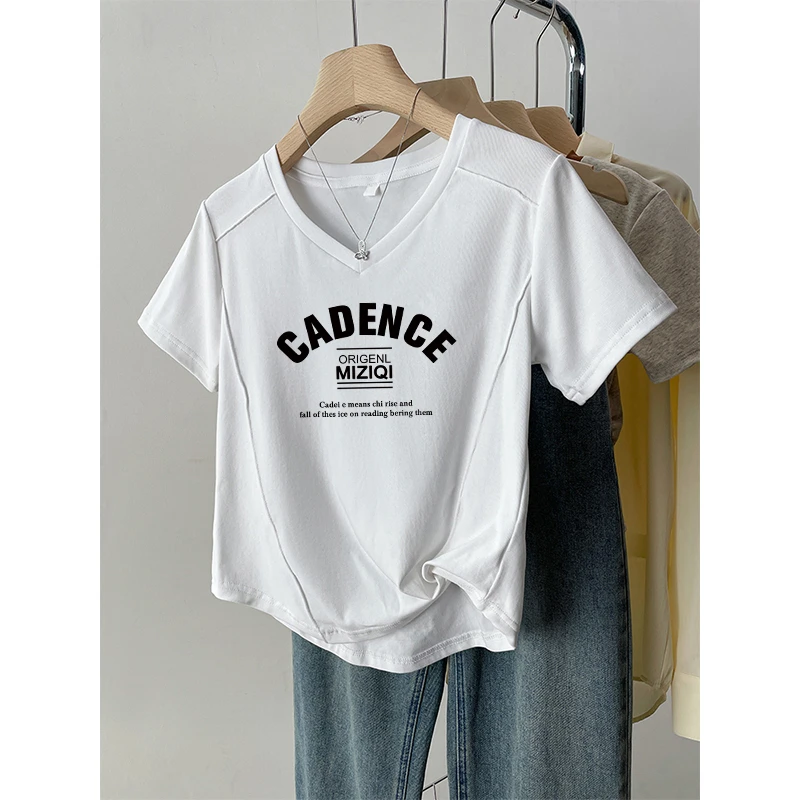 大码胖mm韩版简约鱼骨纹短袖T恤女士夏季款设计感V领修身上衣ins