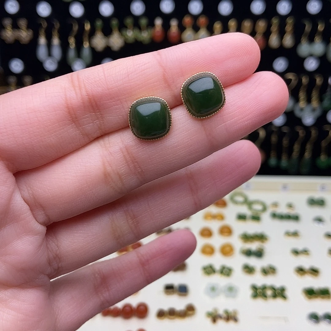 和田玉银S925镶嵌耳饰