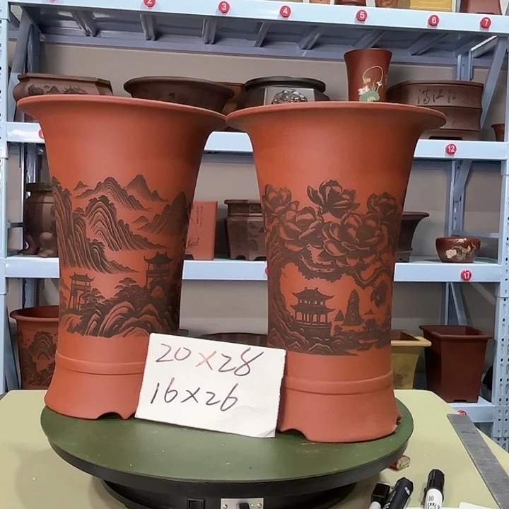 天***东紫砂花盆刻绘山水+花影