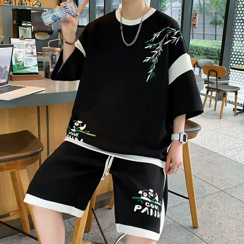 短袖男士 青少年胖男生宽松休闲运动套装帅气百搭国潮学生印花ins
