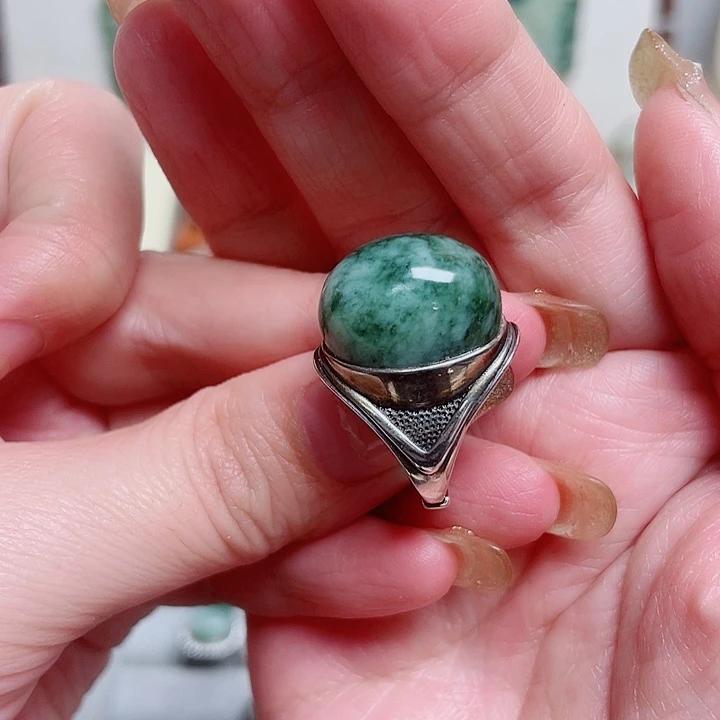 透闪石-蛇纹石玉戒指银S925镶嵌