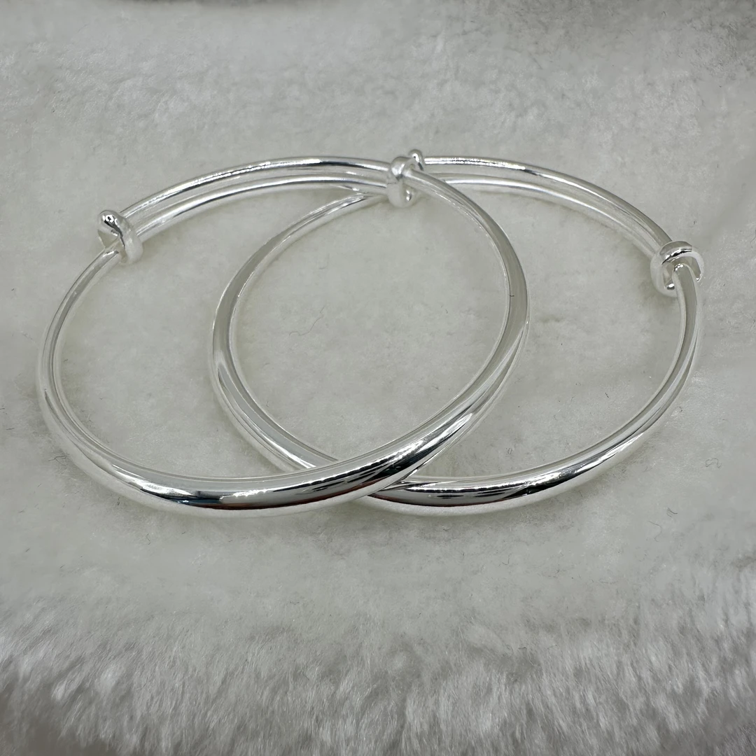 足银手镯 足银999.9亮面素圈推拉中大童手镯经典经实心实心镯子