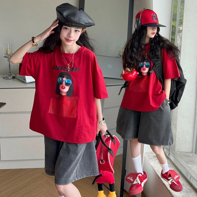 女童夏季休闲套装2025新款中大童韩版宽松短袖T恤休闲短裤两件套