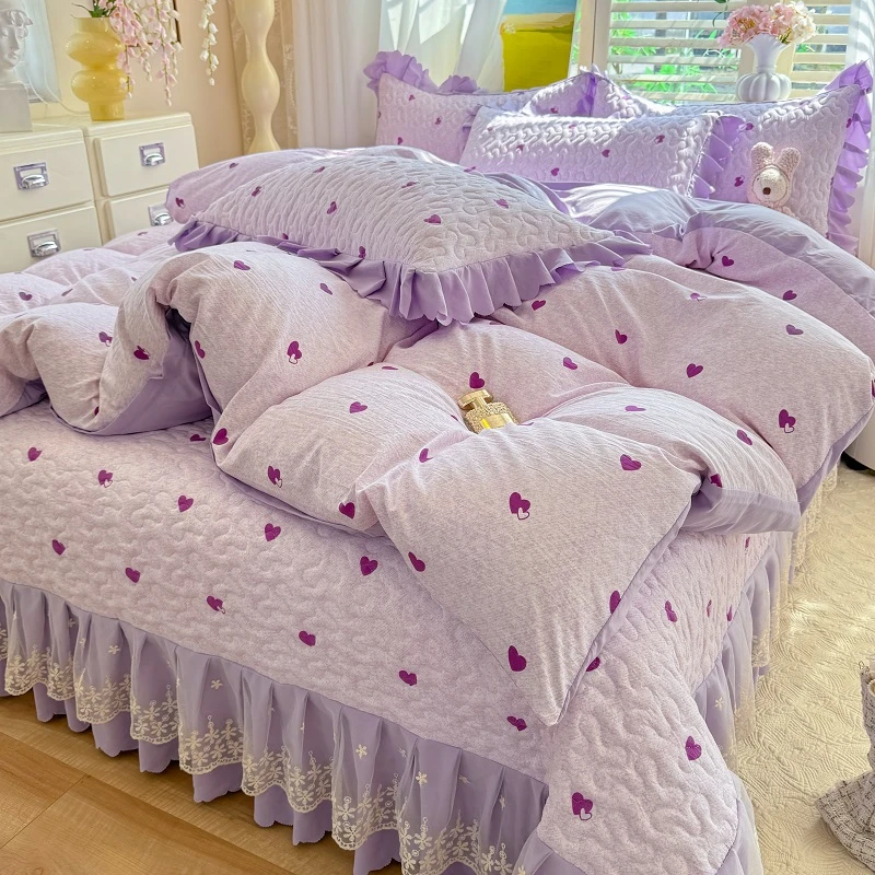 四季被套床盖三四件套韩版公主风蕾丝绗缝亲肤透气可机洗居家好物