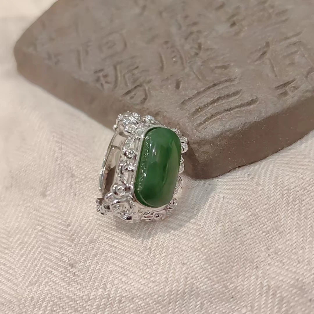 <一禅兄>S925银和田玉碧玉雕花戒指小众设计感大气精致百搭复古