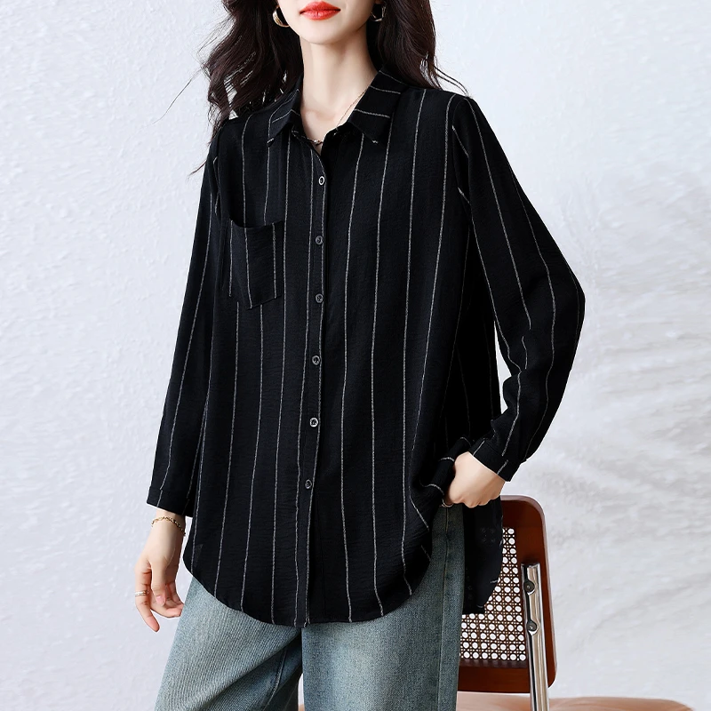 条纹翻领中长款宽松洋气衬衫大码新款百搭长袖显瘦时尚休闲上衣