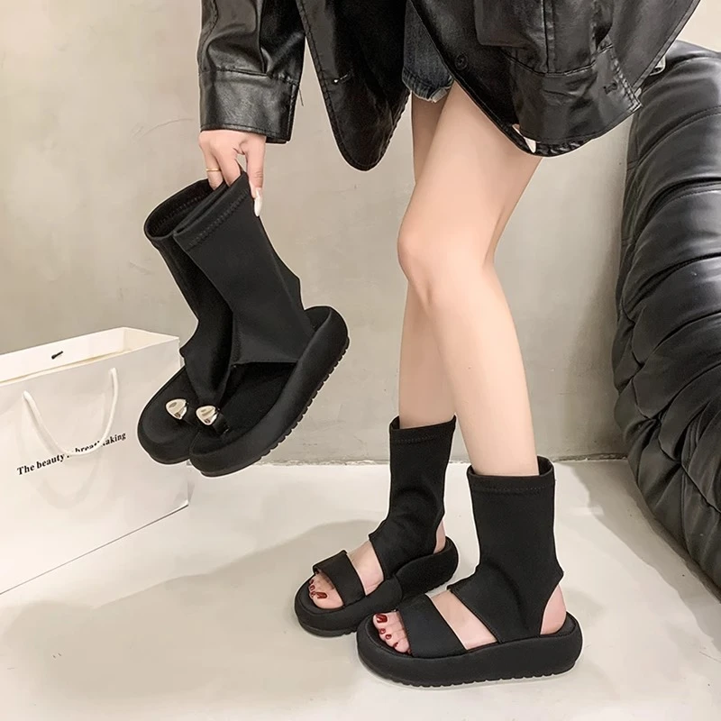 潮酷新款~东大门韩版舒适软底配裙子厚底显瘦时装凉鞋女罗马凉靴