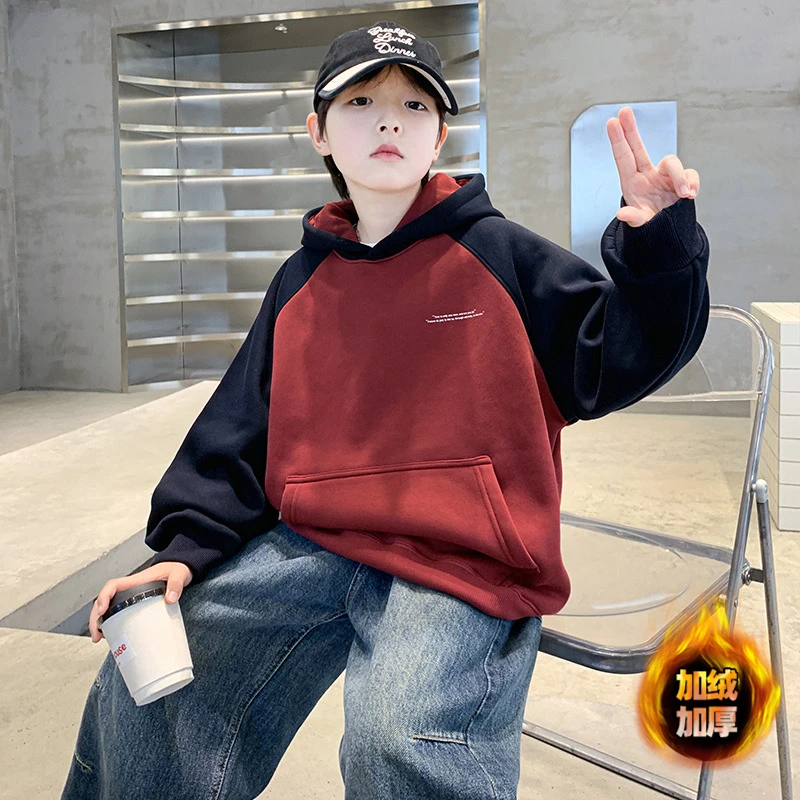 男童拼色加绒连帽卫衣秋冬款2025儿童加厚一体绒保暖上衣中大童15