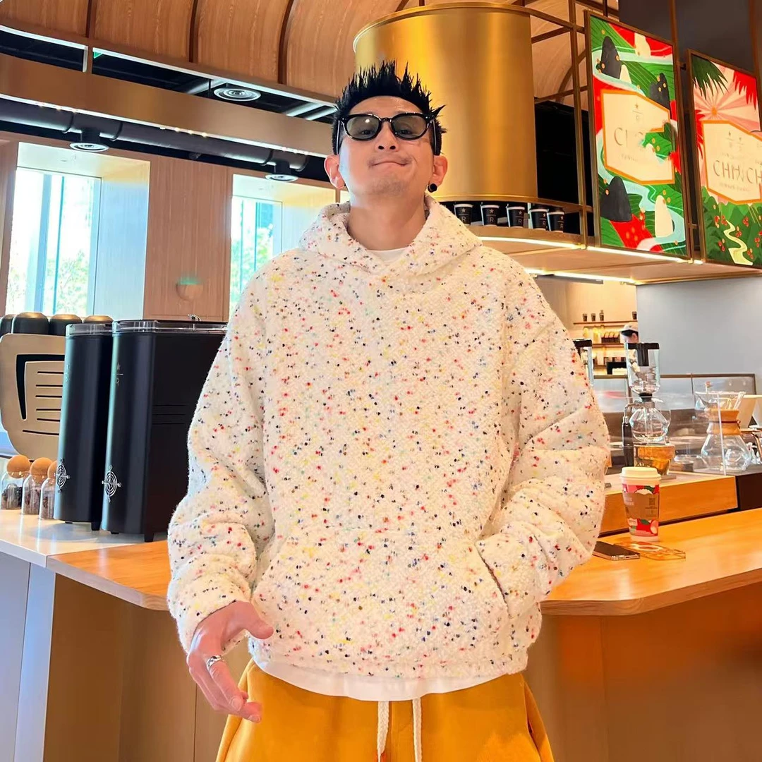 美式复古小众撞色彩点日常百搭秋冬季加绒保暖情侣同款连帽卫衣