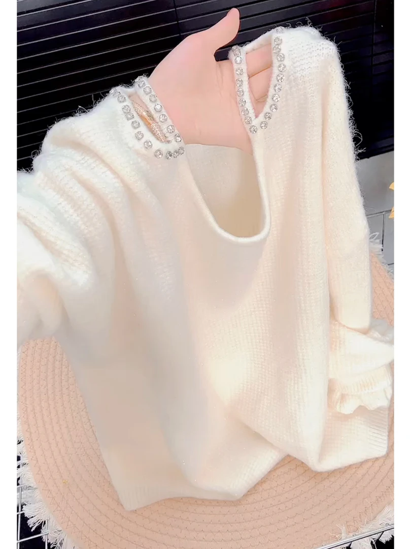 小众重工镶钻套头镂空白色针织衫2025秋季长袖时尚气质百搭上衣女