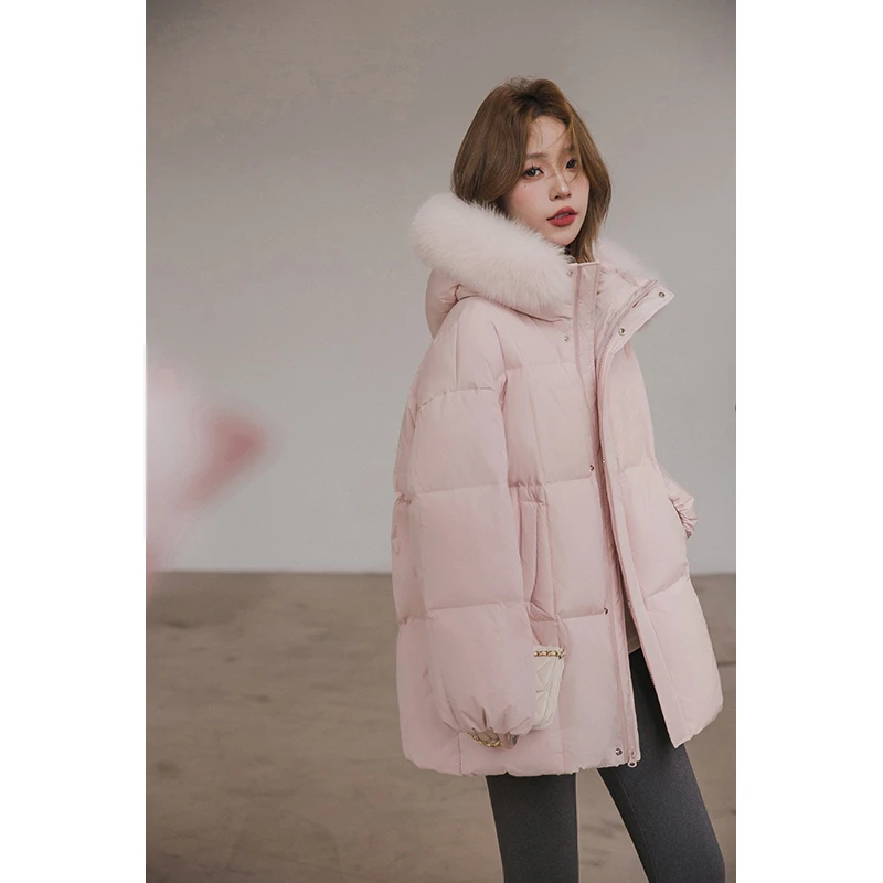 小谷粒冬日恋歌羽绒服 中长款加厚连帽外套女冬狐狸毛领面包上衣