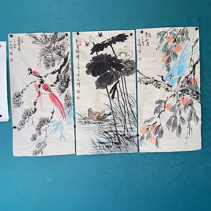 国画三尺手绘花鸟作品三连幅
