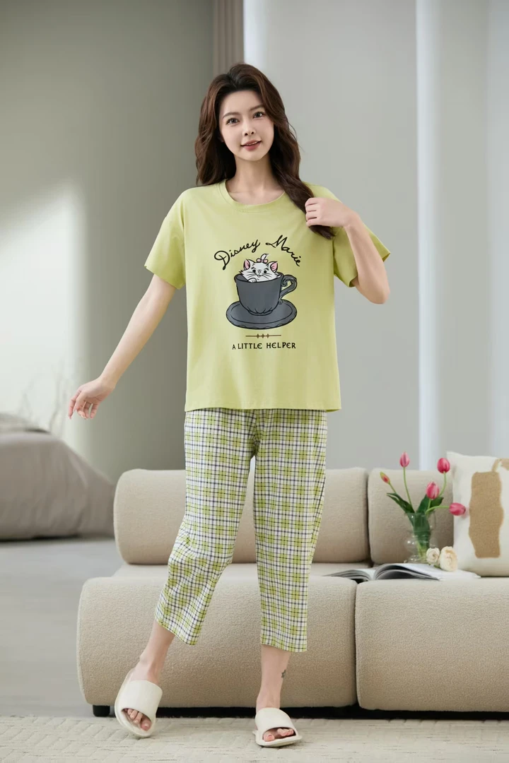 芬亿新款爽棉短袖八分裤睡衣套装家居服  7454