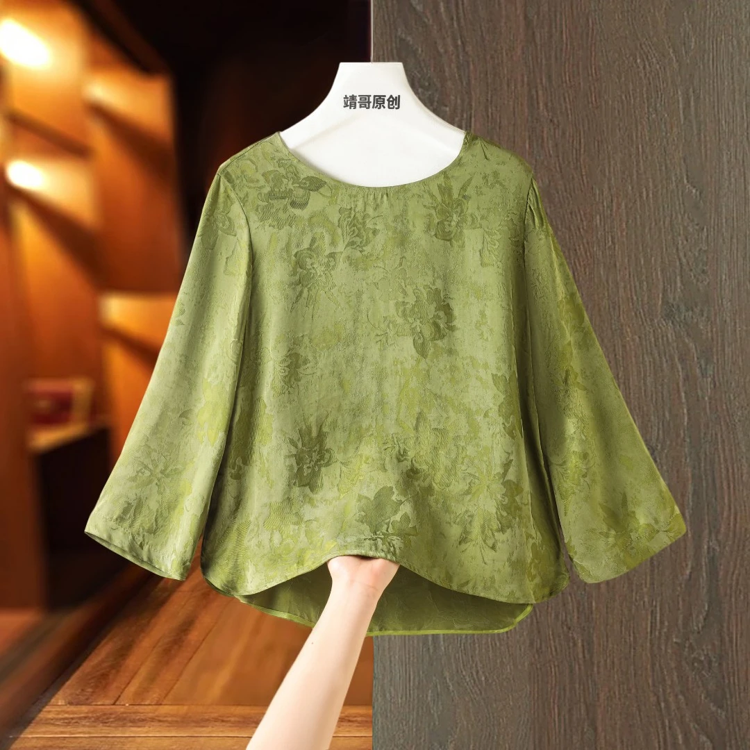 薄款圆领提花时尚常规款夏季新中式长袖上衣绿色厚款7693