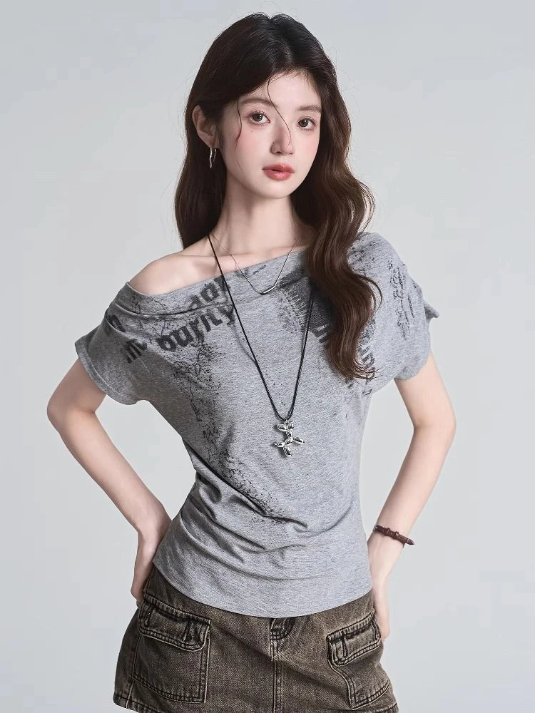 斜肩小众ins报纸印花夏季修身女式螺纹T恤短袖时尚修身韩版气质